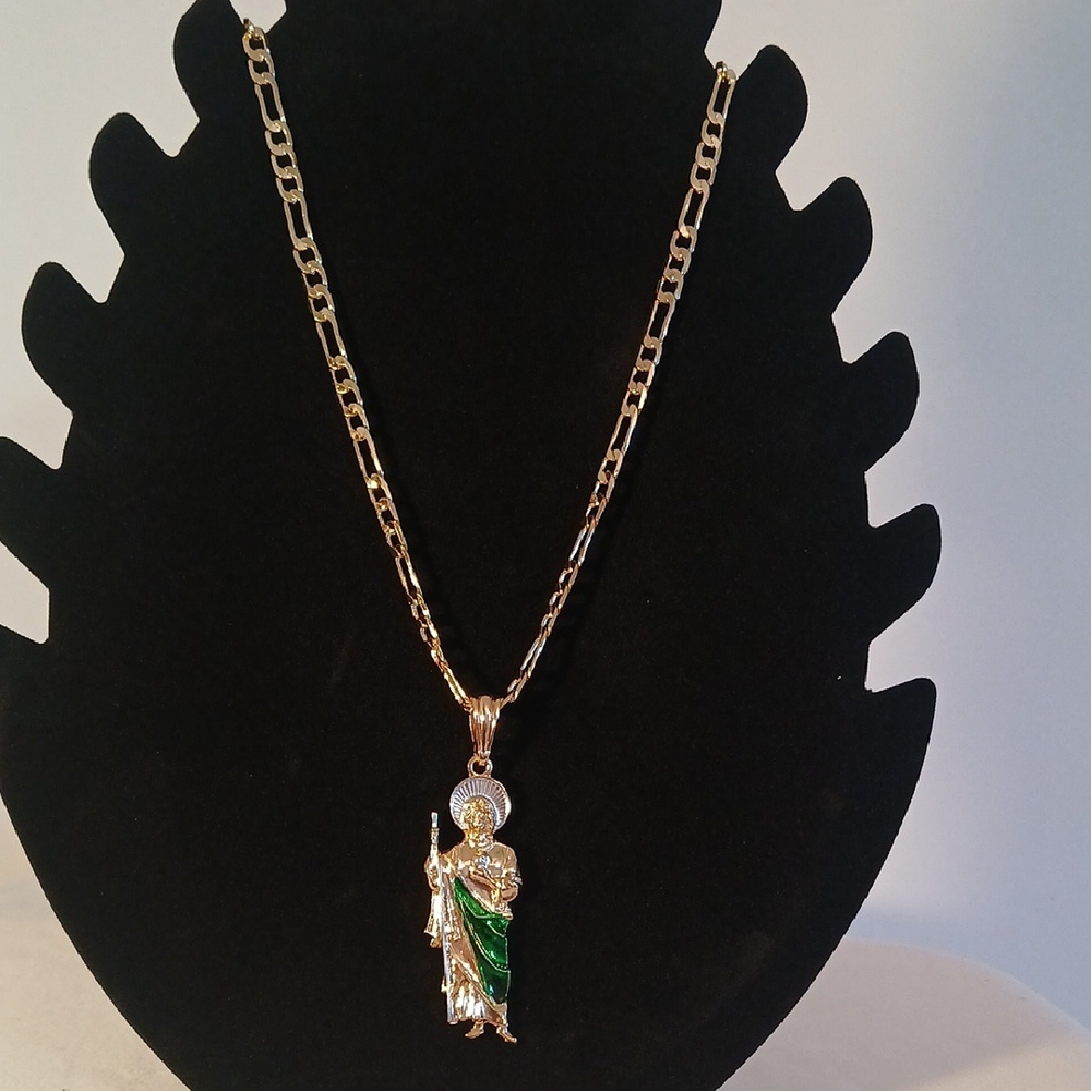 Green and Gold Pendant Necklace with Figurine Design